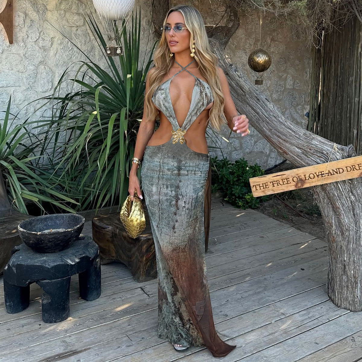 Robe moulante fendue imprimée et sexy à découpes pour femme