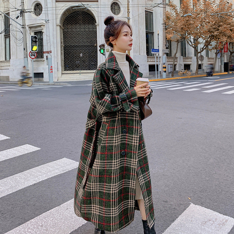 Green Plaid Loose Mid-length Woolen Coat
