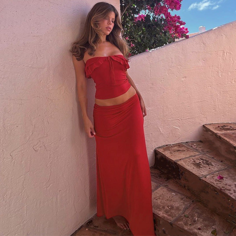 Summer New Elegant Wooden Ear Tube Top Package Hip Long Skirt Two-piece Set