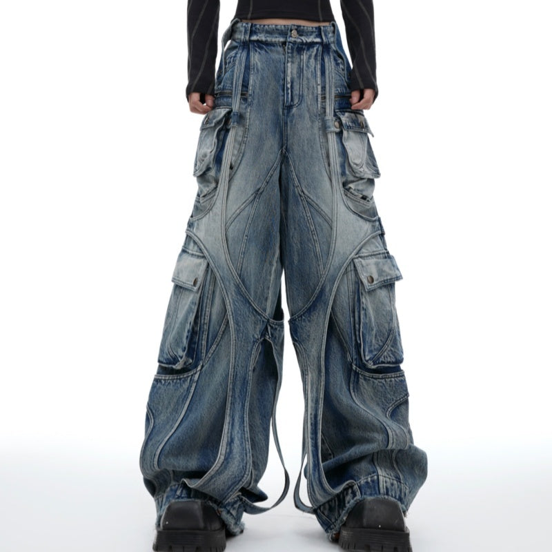Worn Looking Washed-out Wide Leg Jeans Ribbon Winding Loose Multi-pocket