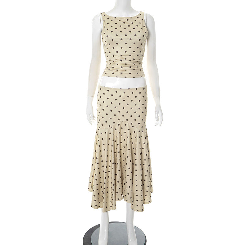 European And American Polka Dot Round Neck Vest Sheath Pleated Dress Suit Women