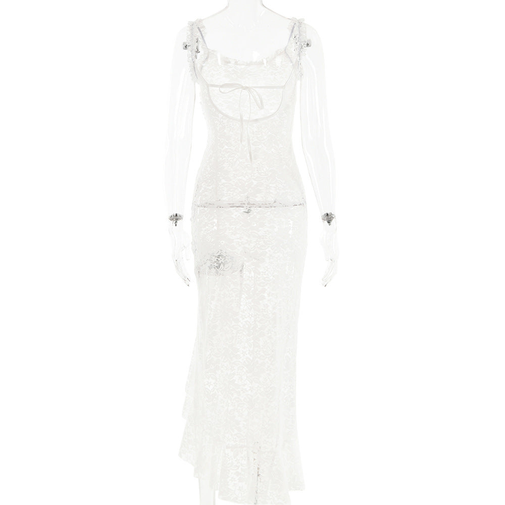 Abito alla moda con schiena scoperta e scollatura in pizzo