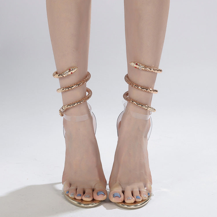 Rhinestone High-heeled Sandals Snakelike Winding Round Toe Transparent Large Size High Heels