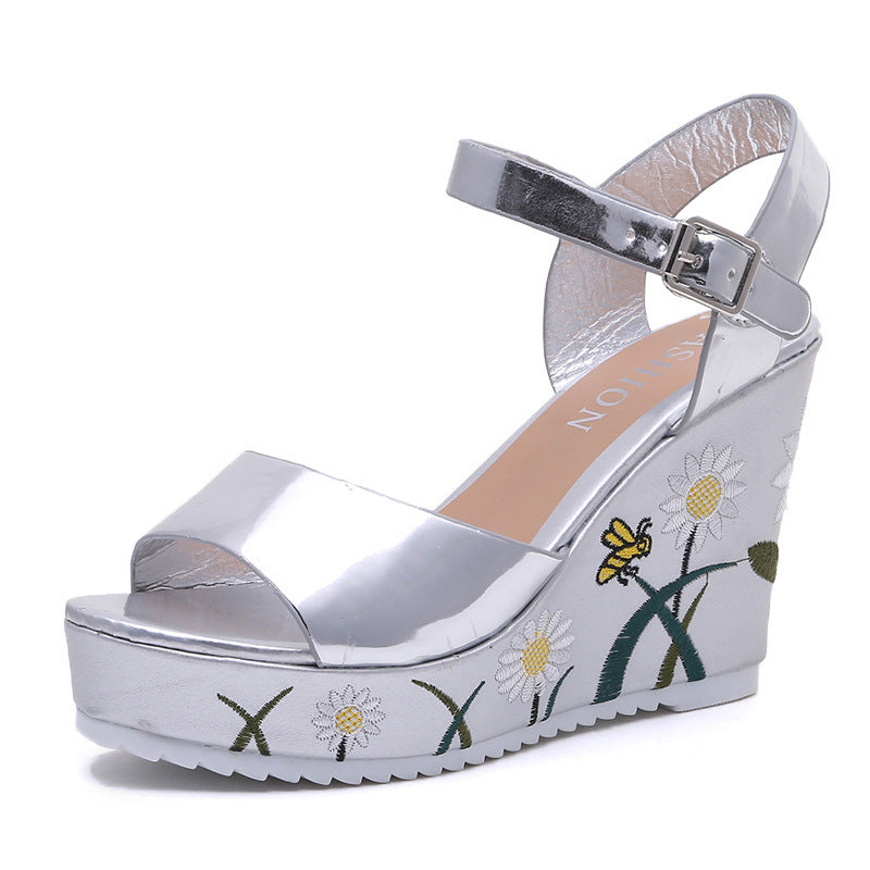 Embroidered wedge platform sandals