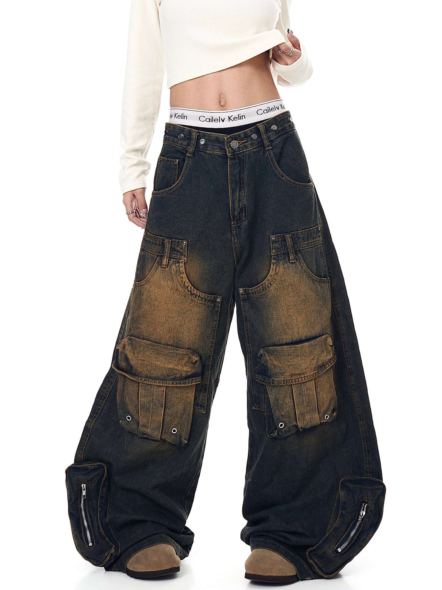 Retro Washed Distressed Multi-pocket Cargo Pants Loose Wide Leg Jeans