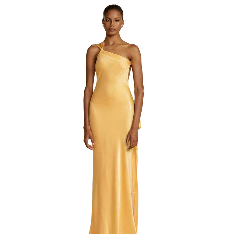 Sleeveless Diagonal Collar Hollow Backless High Waist Slim-fit Jumpsuit Long Dress