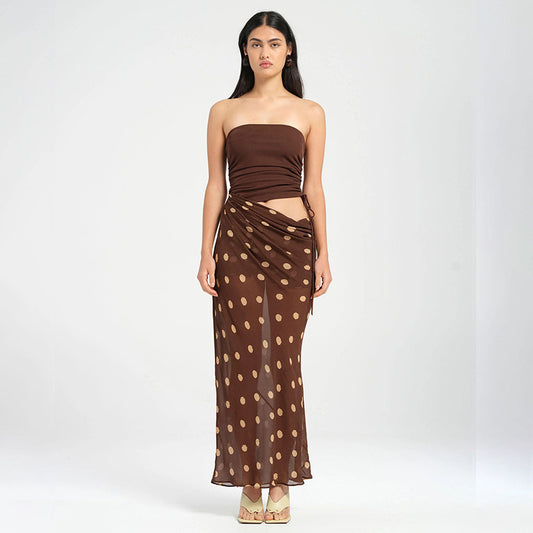 Style Tube Top Hollow-out Dot Mesh Slim-fit Jumpsuit Long Dress For Women