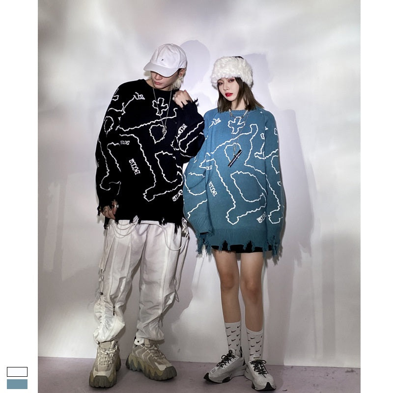 Blue Letter Jacquard Pullover Round Neck Winter Undercoat