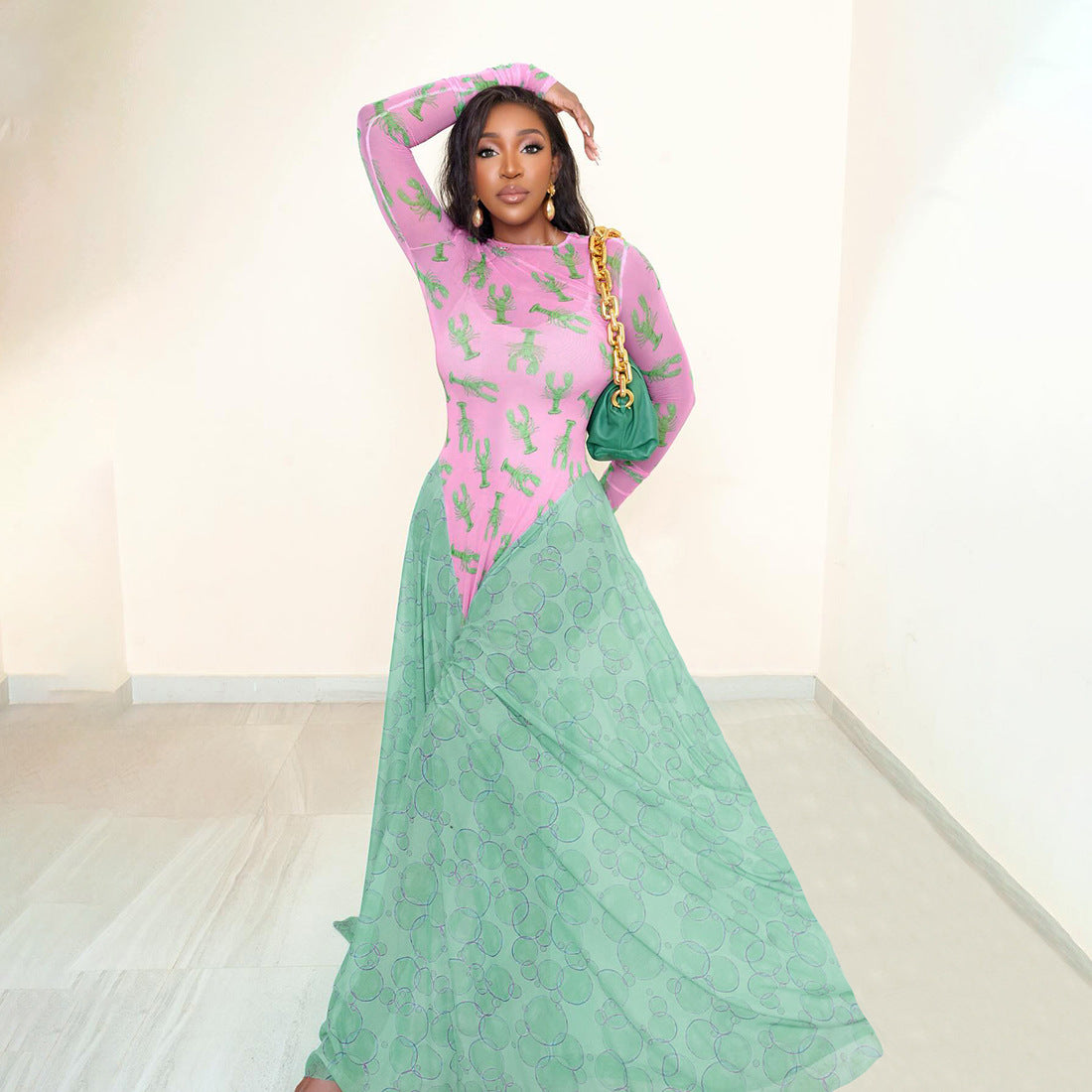 Creative 3D Digital Printed Mesh Color Contrast Patchwork Long Sleeve Dress