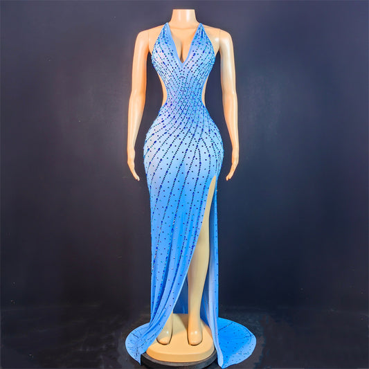 New Elegant Celebrity-Style Party Slip Dress With A Deep V-Neck And Sparkling Rhinestones