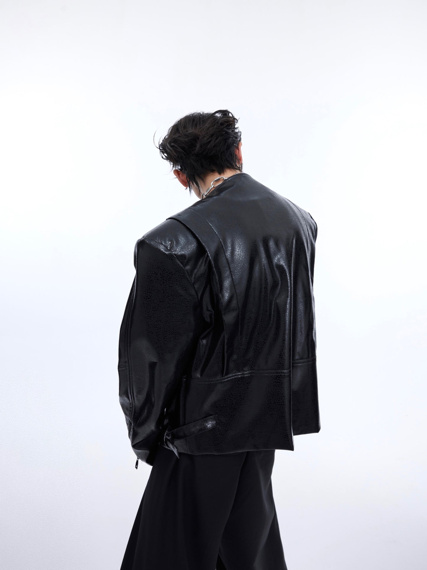 Texture Sense Padded Shoulder Leather Coat Men