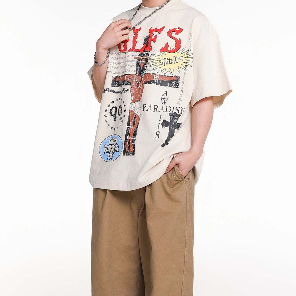Cross Letter Print Loose Casual Short Sleeve T-shirt