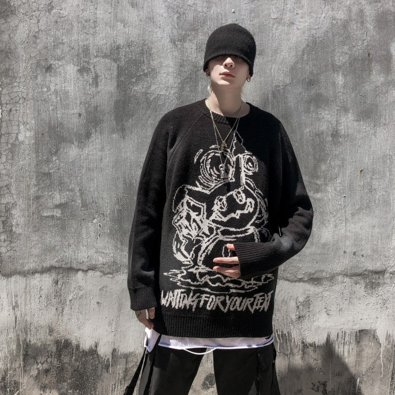 Pull épais brodé hip-hop à manches longues pour couple, automne et hiver