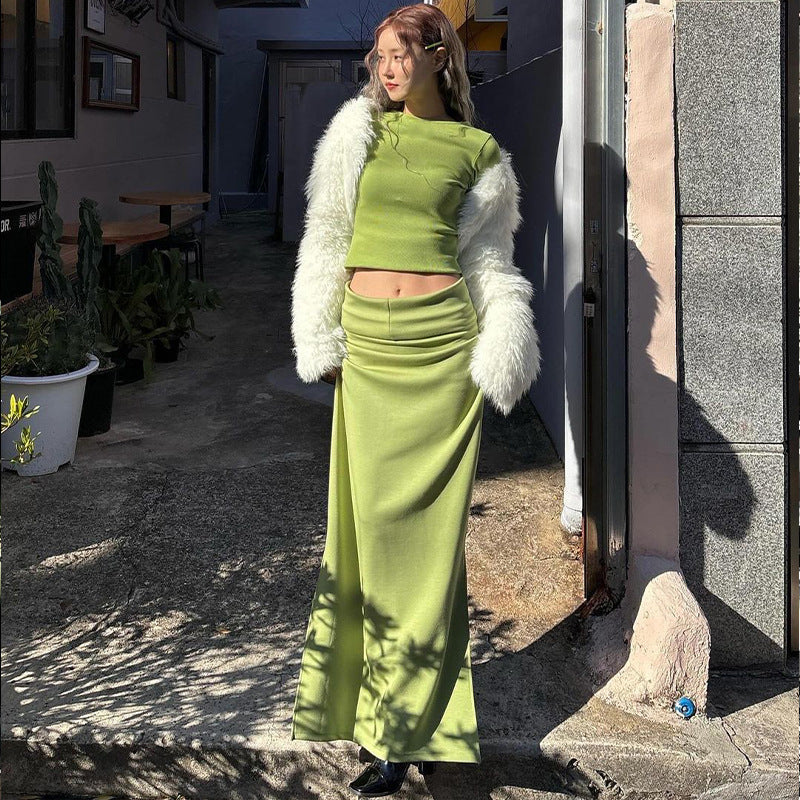 Round Neck Long Sleeve T-shirt Patchwork Slit Long Skirt Suit
