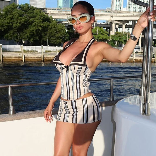 Ensemble jupe sans manches à rayures et couleur contrastée, dos nu