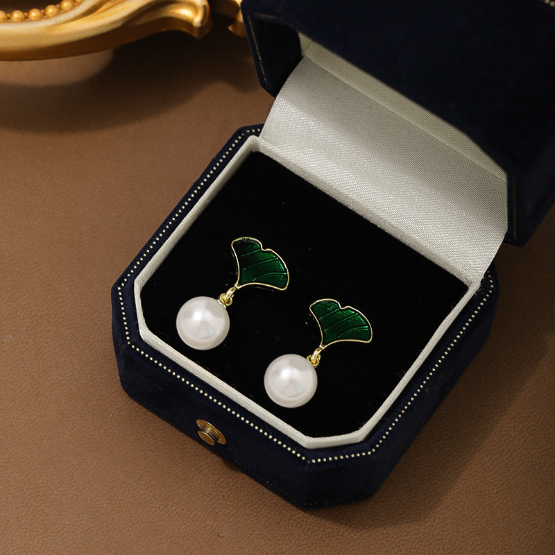 Ginkgo Leaf Pearl Stud Earrings Sterling Silver Needle