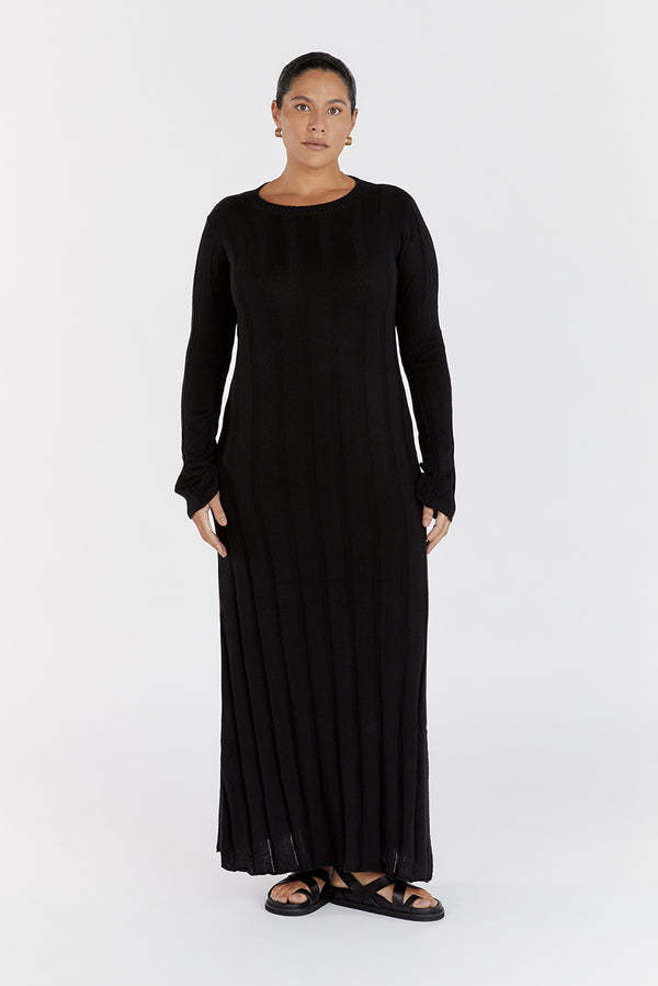 Round-neck Long Knitted Dress Solid Color Women