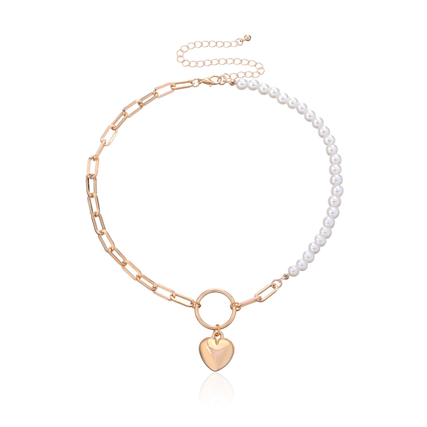 Pearl Geometric Ring Peach Heart Pendant Necklace