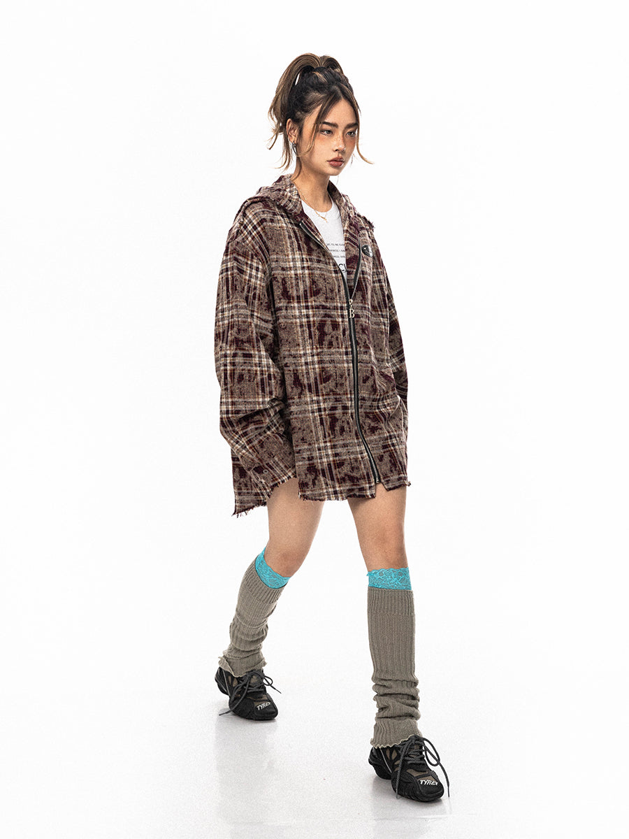 Retro Plaid Hooded Zip Jacket