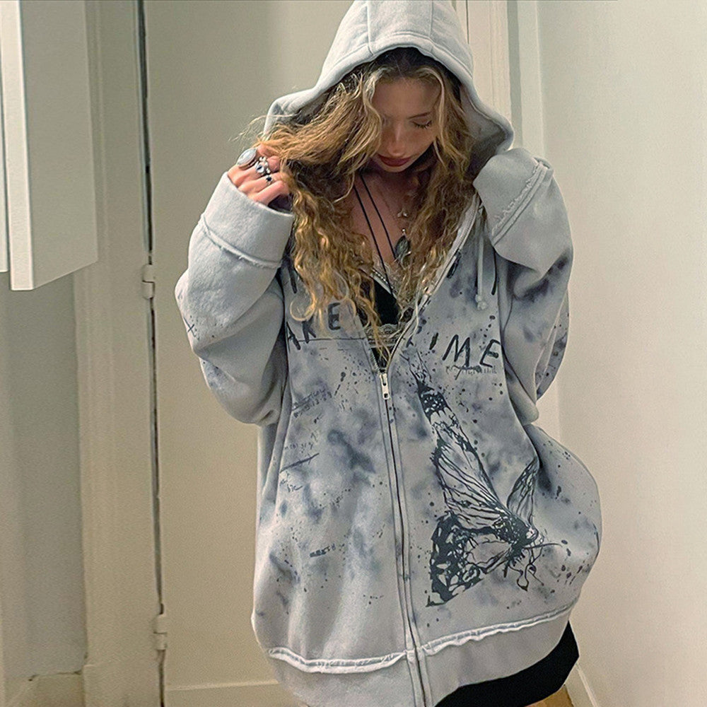 Sweat à capuche ample en tricot imprimé papillon