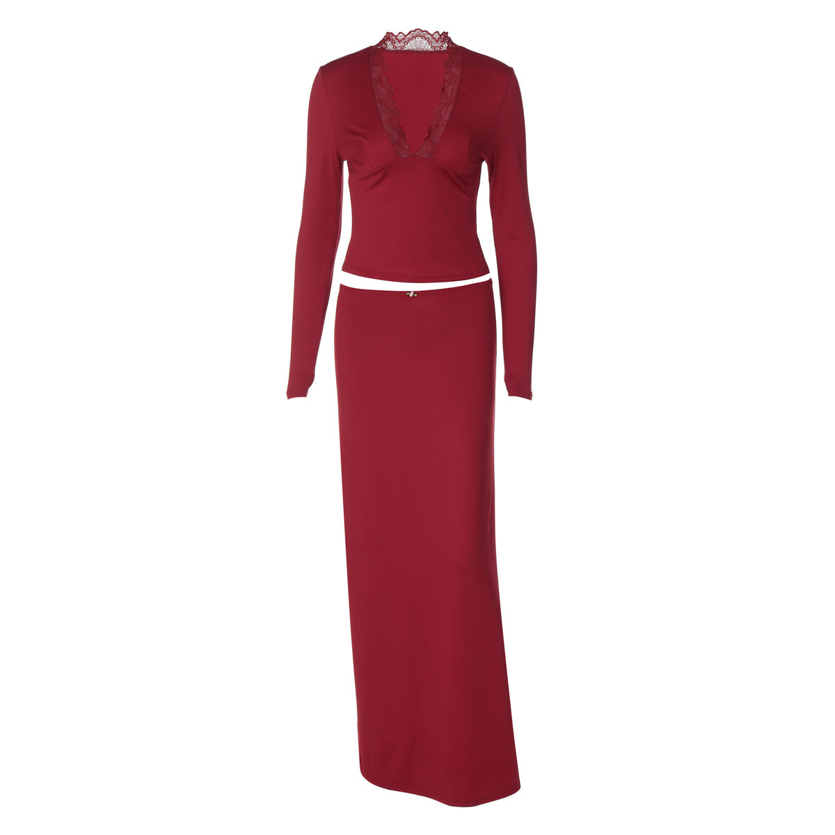 Womens Solid-color Long-sleeve Top And Maxi Skirt Two-piece Set