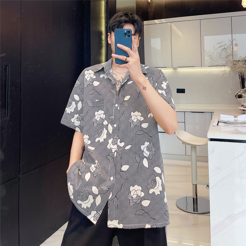 Camicia a quadri con stampa floreale, cintura e cravatta, maniche corte