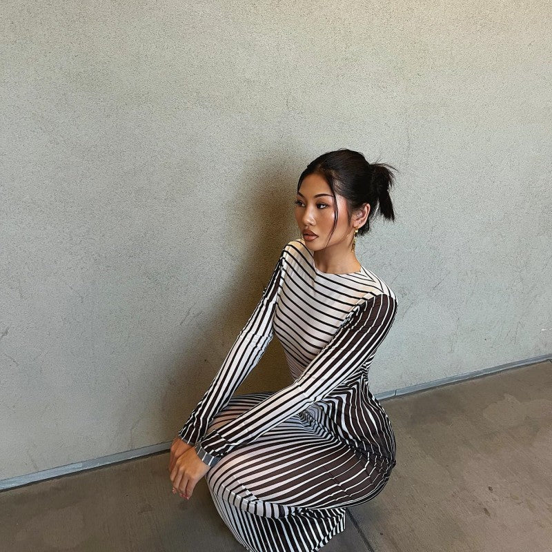 Striped Printed Slim Fit High Waist Long Dress