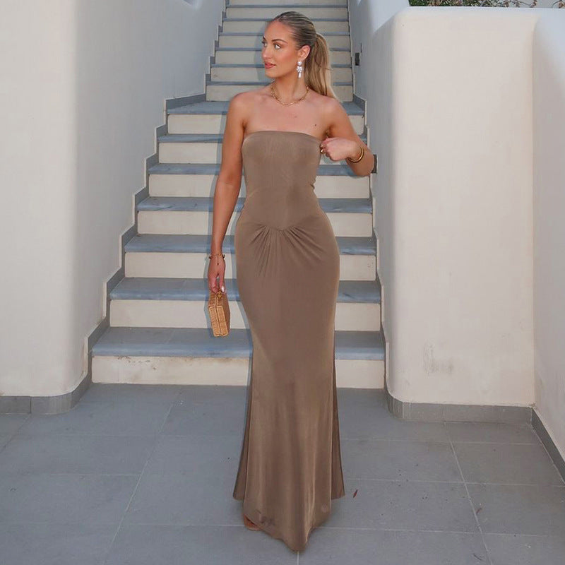 Robe longue plissée taille haute couleur unie