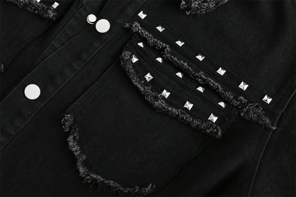 High Street Fashion Brand Hip Hop Rock Rivet Decorative Denim Jacket