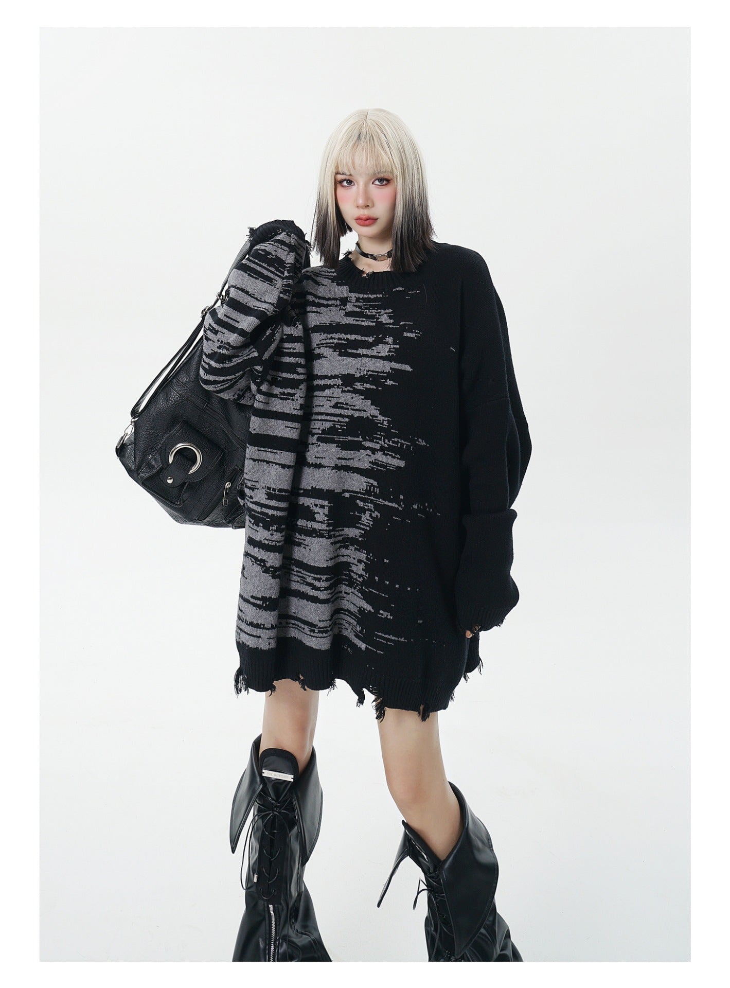 Zebra Pattern Color Matching Ripped Tassel Loose Round Neck Knitted Sweater