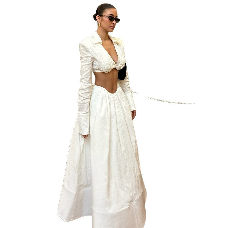 Solid-color Long-sleeve Backless Top And Bodycon Maxi Skirt Set