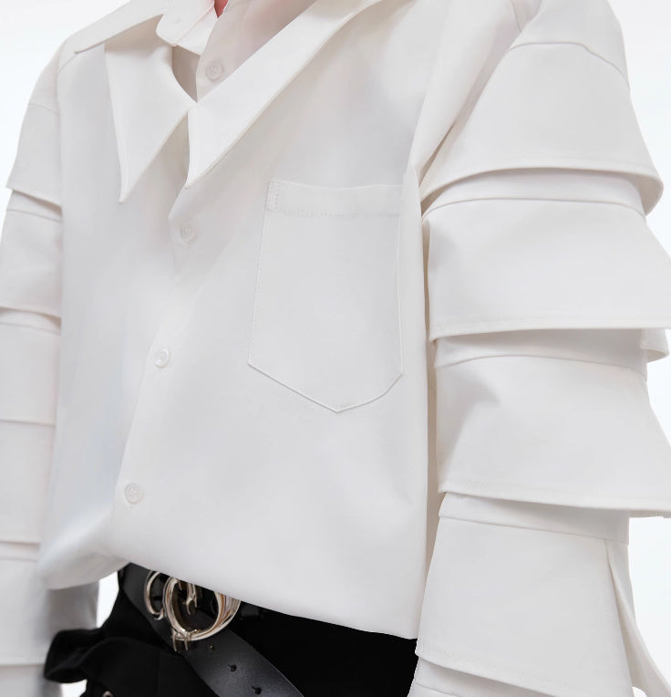 Split Padded Shoulder Fake Two Pieces Shirts Pleated Design Three-dimensional