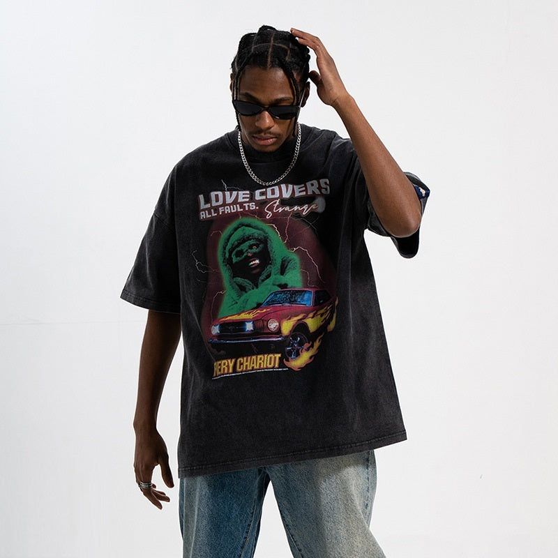 Washed And Worn Loose Retro Street Printing Short-sleeved T-shirt