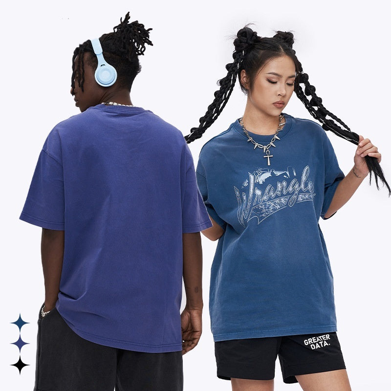 Summer Round Neck Washed Short Sleeve Cotton Retro American Street Loose Printed Fashion Brand T-shirt