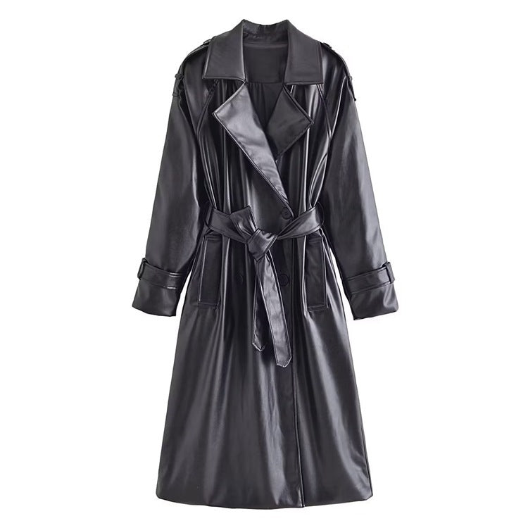 Clothing AutumnLong Sleeve Slim Fit With Belt Imitation Leather Trench Coat