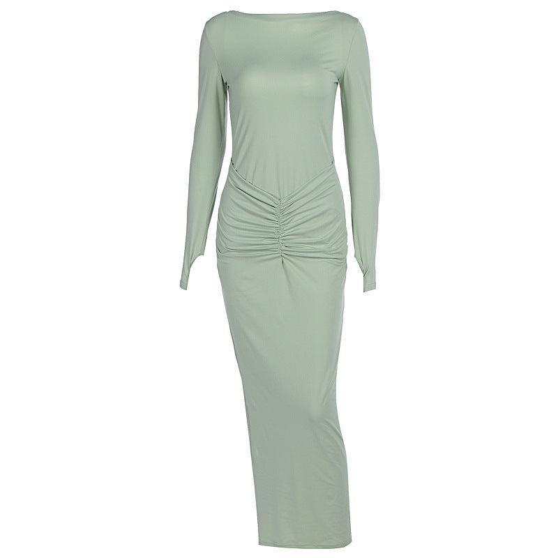 Slim-fit Pleated Solid Color Round-neck Long-sleeved Dress