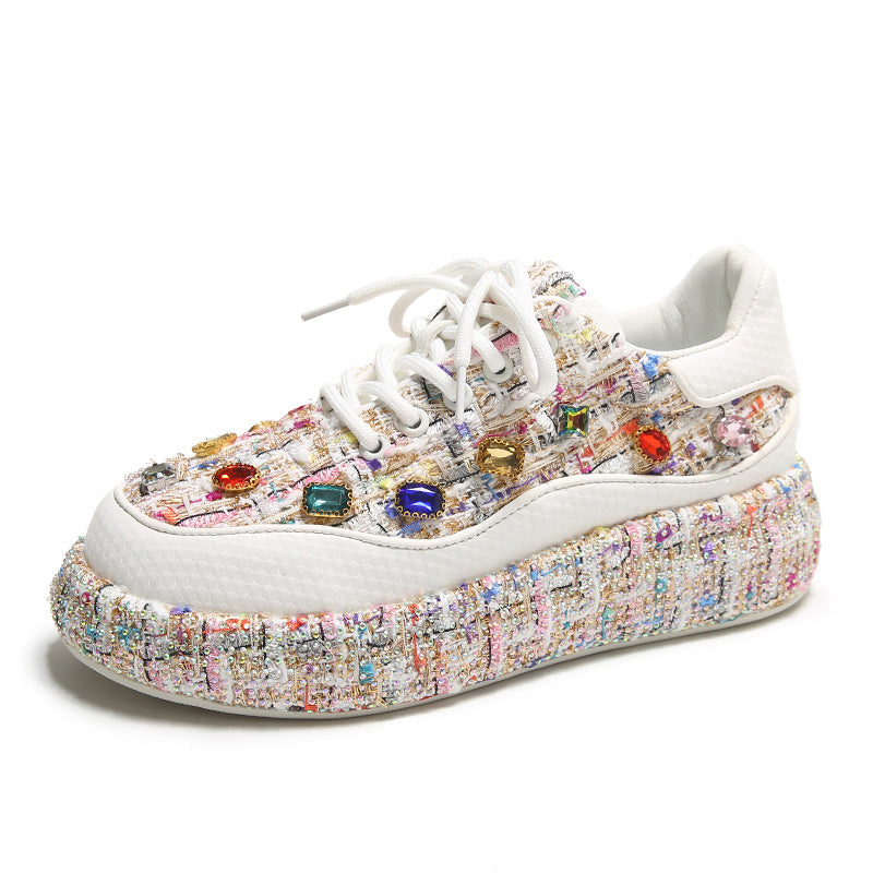 Fashion Platform Loafers, Colorful Tweed Slip-on Shoes With Gemstones, Casual And Comfortable Flat Shoes