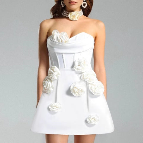 Three-dimensional Flower Decoration Tight Strapless Bandage One-piece Dress