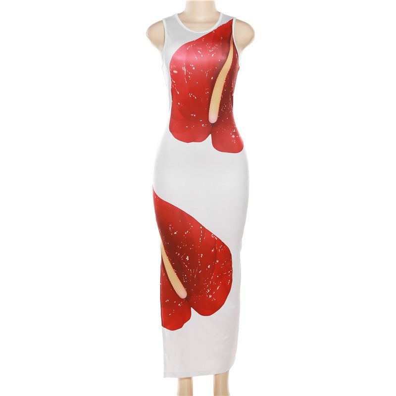 Sweet Sleeveless Digital Printing High Waist Hip Slit Long Dress