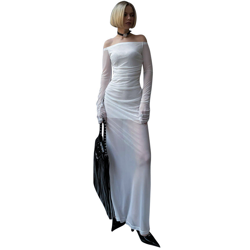Robe sexy en maille transparente à manches longues et épaules dénudées
