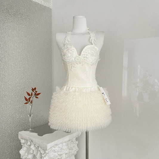 Lace Heavy Embellished Mesh Beaded Sequin Top & Skirt Set Women's Two-Piece