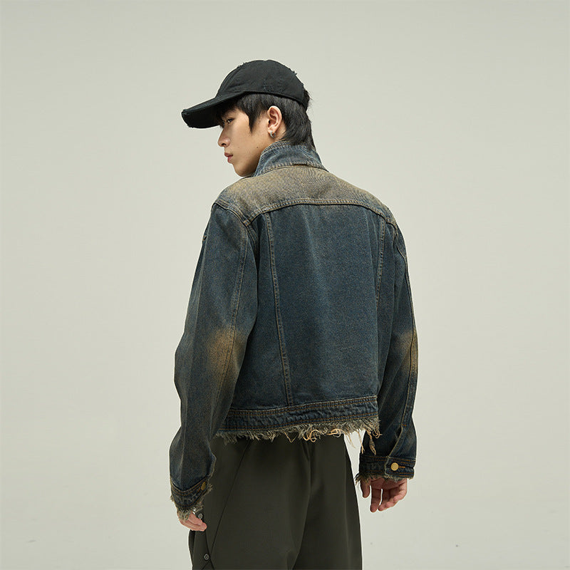 Denim Coat Men's Washed Distressed Jacket