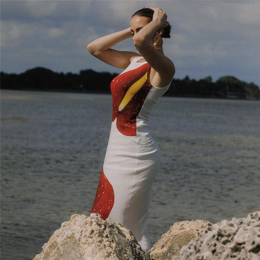 Robe longue sans manches à imprimé numérique, taille haute, fente sur les hanches