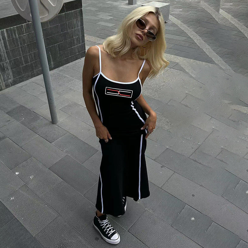 Striped Color Contrast Patchwork Letter Printed Tight Locomotive Long Dress