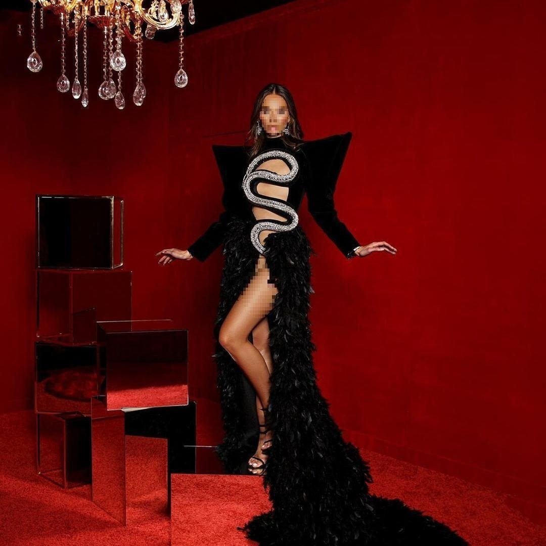 Robe de soirée en plumes et strass