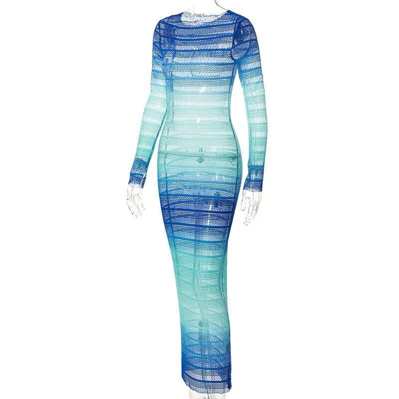 Fashion Gradient Printed Round Neck Long Sleeve High Waist Perspective Dress