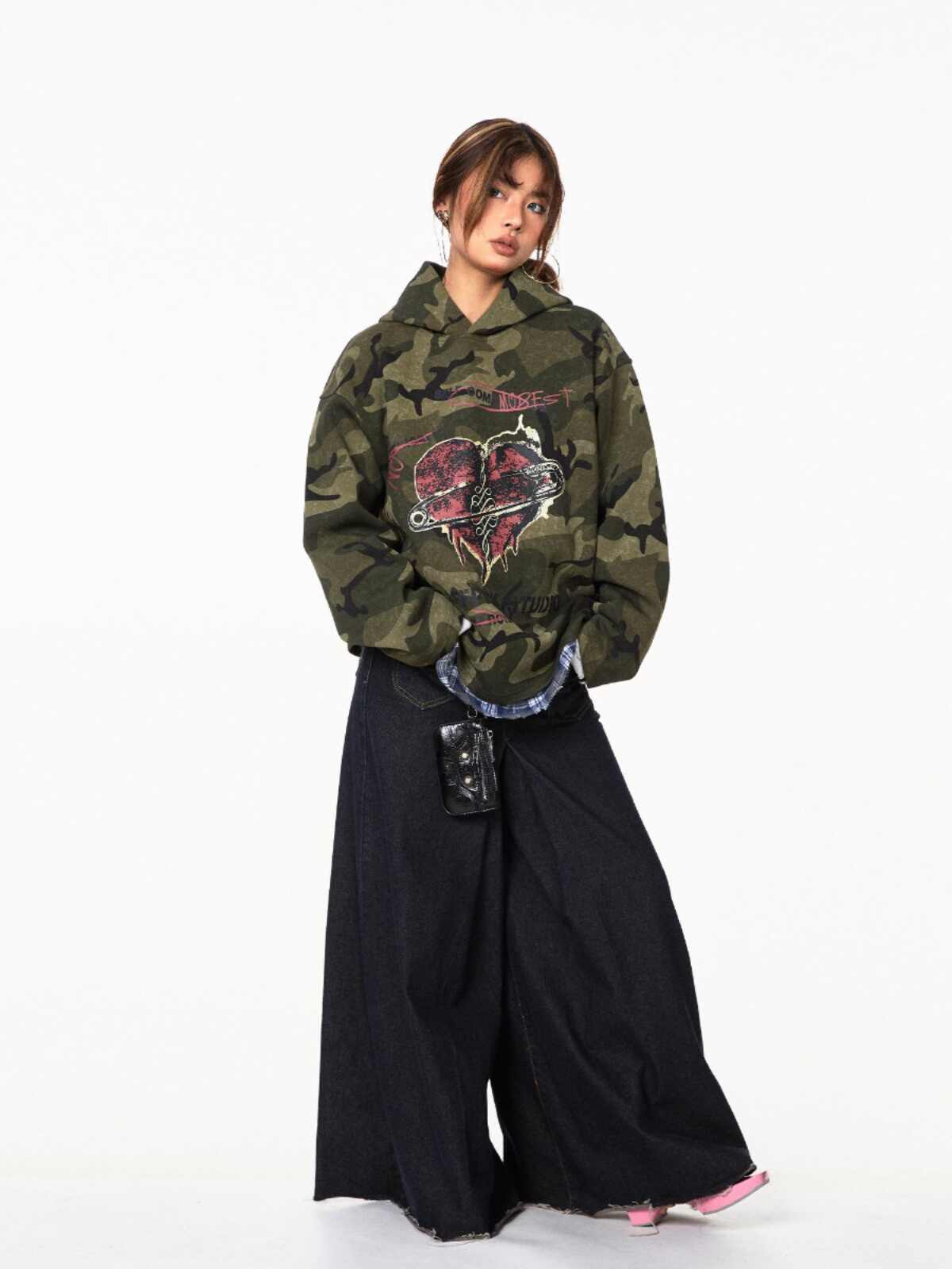 Sweat à capuche ample style camouflage Retro Love