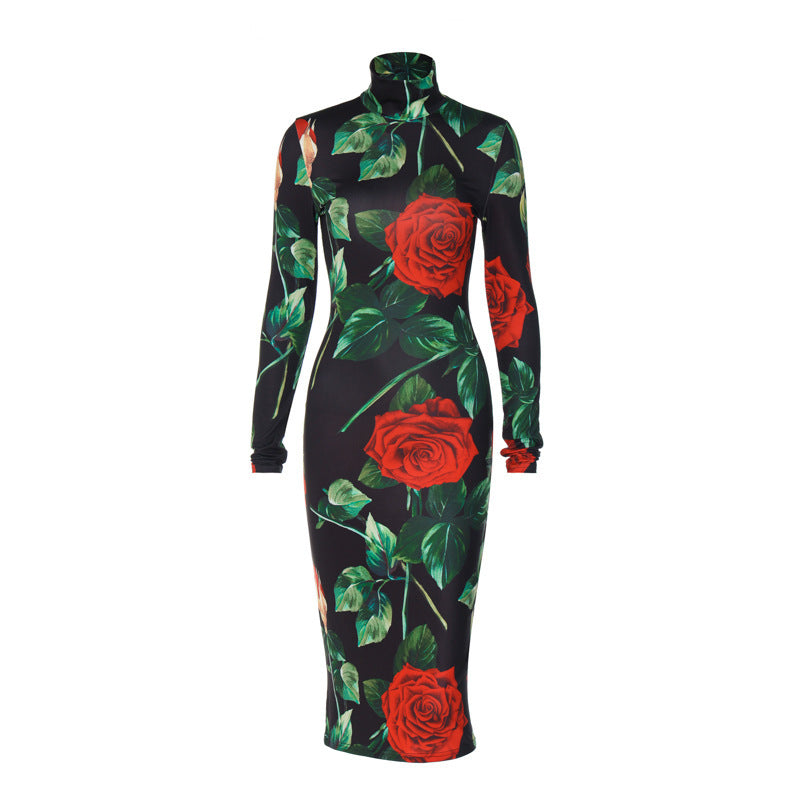 Robe moulante à manches longues et col haut, style nouveau, à la mode