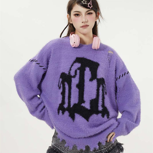 Women's Vintage Mohair Idle Style Letters Brocade Sweater