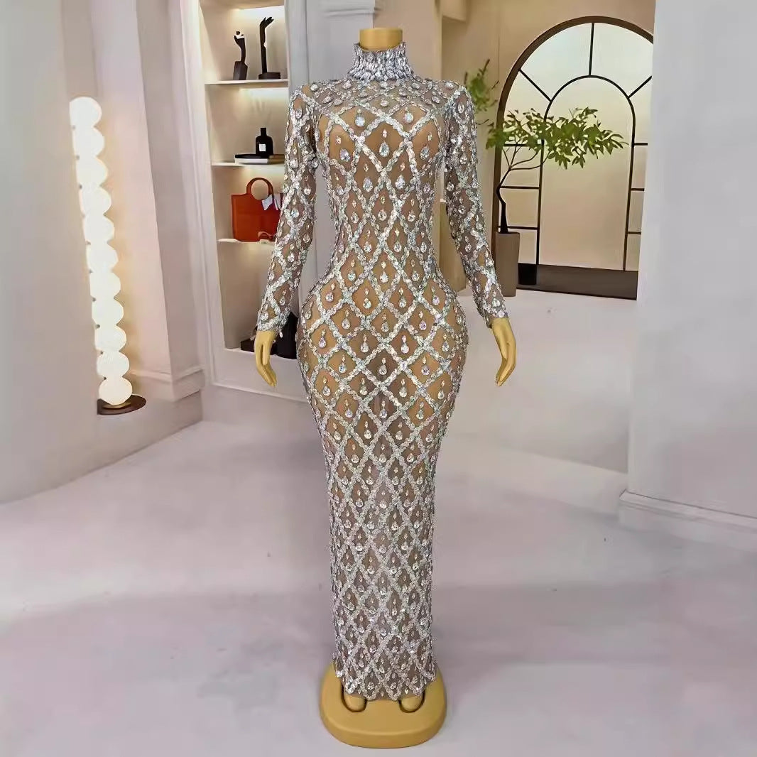 Luxury Beautiful Shining Rhinestone Sexy See-through Mesh Long Dress